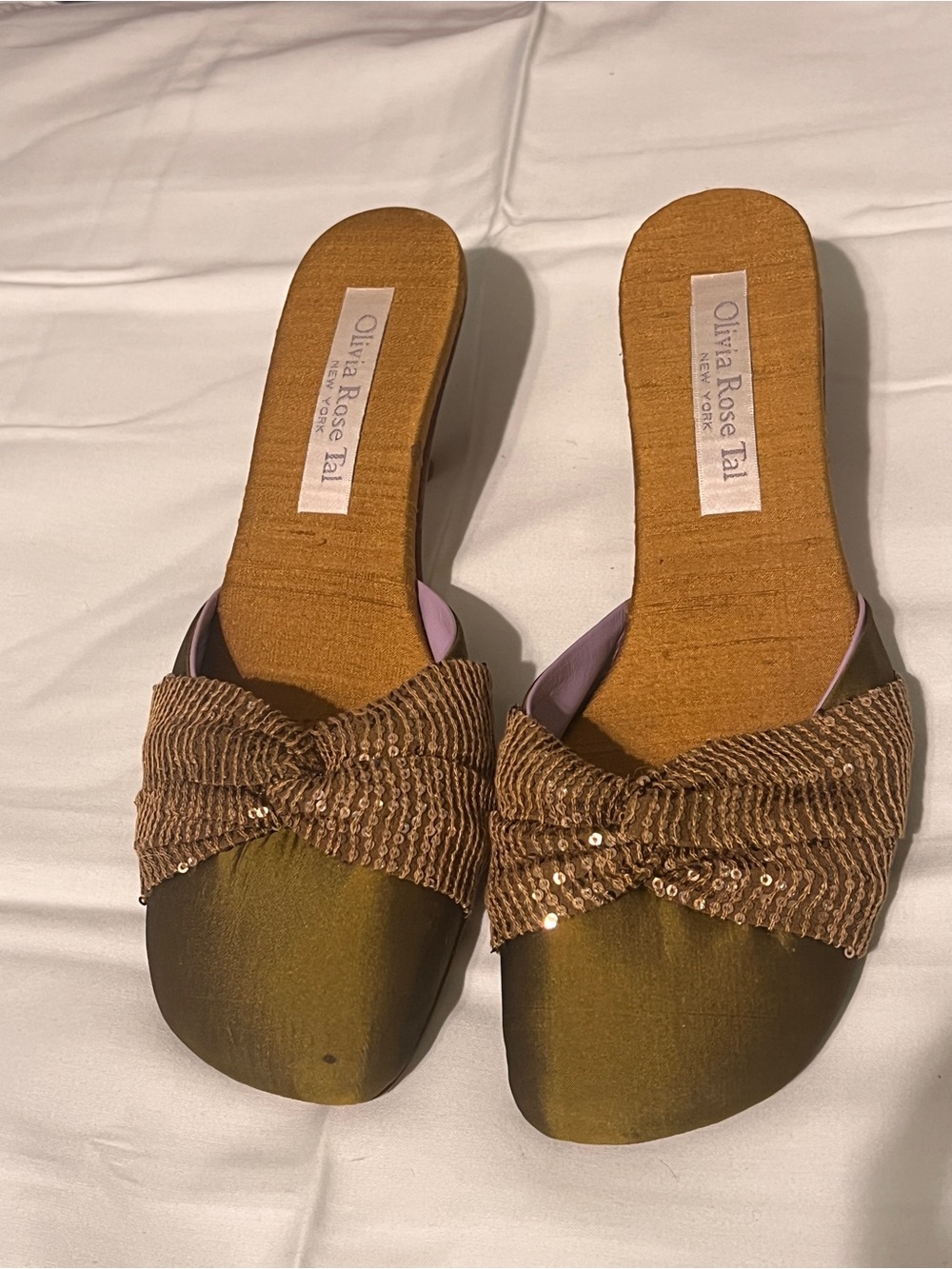 Olivia Rose Tal Sequin Knot Mule Heels Olive Bronze Size 8 Leather